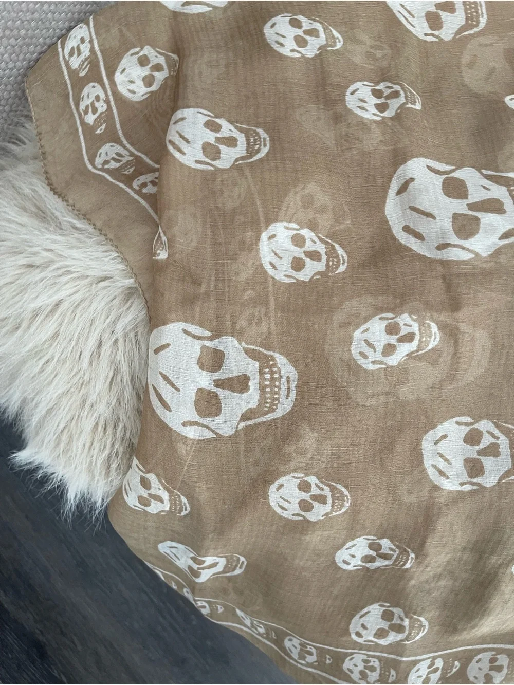 Alexander McQueen Tan and White Skull-Print Silk Scarf (Rare Color)